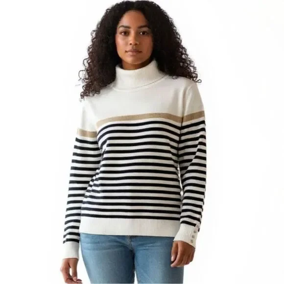 Tommy Hilfiger Striped White, Black, and Gold Turtleneck Sweater Size XL - Picture 1 of 6